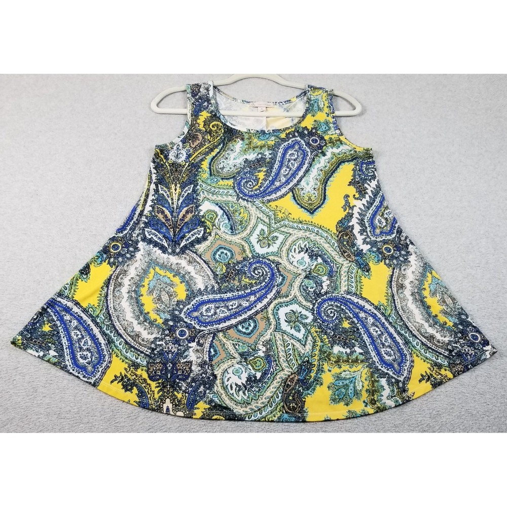 Dressbarn Tank Top Women's Small‎ S Yellow Blue Paisley Sleeveless Tunic Stretch